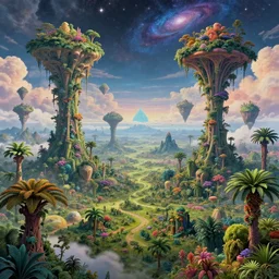 a view of a surreal alien variated planetary fractal landscape with gigantic and small colorful jungle trees and flora of varying densities and sizes scattered across the vast landscapes, surreal clouds, floating islands, 4 k, retro, detailed, vibrant, weird skies, extradimensional, stars, galaxies, trending on artstation