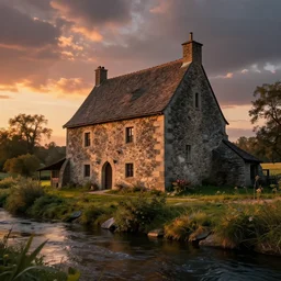 a small stone medieval house near a small river at sunset, dramatic lighting, cinematic lighting, HDR, highly detailed, high quality, Seb McKinnon style, 8k, anime style