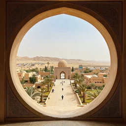 fantasy land through round gateway, arabic, highly detailed, intricate