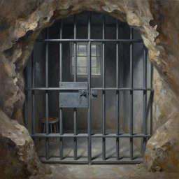 full length painting of prison cell inside a cave with prison bars, highly detailed, high resolution, oil in canvas