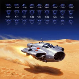 taito space invader ship landing in the desert, dramatic lighting, lit thrusters, chris foss concept art, matte painting, digital movie backdrop other space invaders still in the sky in grid formation as in the game