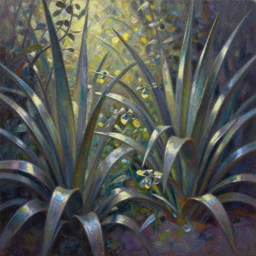 metallic garden. oil painting by award - winning comic artist. backlighting, chiaroscuro, depth of field, luminescent colors.