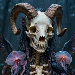 hyperrealism, night background raining, super zoom, goddess close - up portrait real human skeleton ram skull!!!! octopus jellyfish!! phoenix crow wings! giant orchid!! artwork by tooth wu and wlop. octane render, trending on artstation, greg rutkowski cinematic, hyper realism, high detail, octane render, 8 k