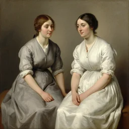 a painting of two women sitting next to each other, a mid - nineteenth century engraving by frederic bazille, pixabay, pre - raphaelitism, pre - raphaelite, flemish baroque, dutch golden age