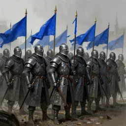 medieval soldiers, in line, blue flagg, digital art, illustration, fantasy, sketch, dark