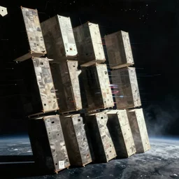 tall boxes falling out of space side - by - side, glitched, zdzislaw beksinski