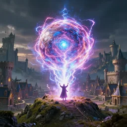 cinematic still, epic wizard summoning massive electric energy orb on hillock high above the village with royal castles in the distant background, dramatic lighting, intricate details, vivid colors