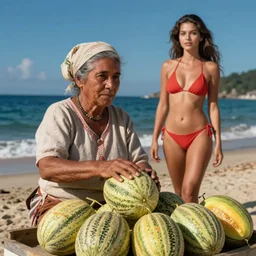 poor woman selling melons to wealthy bikini model on the beach by Emmanuel Lubezki