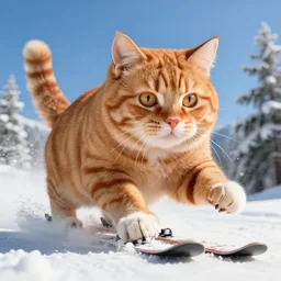 a giant orange tabby cat skiing