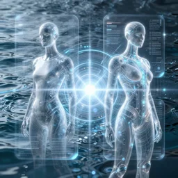symmetry!! information, data, holograms overlayed, tranparent glowing graphics, water, hybrids, tech wear, scifi, glowing lights!! intricate elegant, highly detailed, digital painting, artstation, concept art, smooth, sharp focus, thin glowing wires, illustration, art by artgerm and greg rutkowski and alphonse mucha