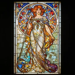 full - body stained glass artwork, imogen poots paladin, by yoann lossel, martiniere, stephan martiniere, alphonse mucha. art nouveau neo - gothic stained glass by mucha. dota. swirly intricate glass linework background. gaudy colors, sharp edges. ultra clear detailed. 8 k. elegant. octane render