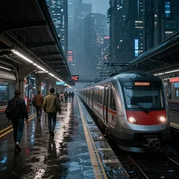 !Train station!, futuristic bladerunner, trains, cyberpunk, train station in the rain at night, volumetric lighting, 4K, Spherical, Panorama, RealityEngine, PhotoRender, hyperdetailed, cinematic