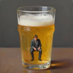 a tiny realistic proportioned man sitting down inside a beer glass. beautiful detailed painting by artgerm and magali villanueve and michael whelan