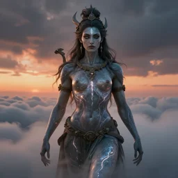 biblical beautiful female druid android, shiva, storm, glowing veins, in clouds, sunset, portrait by wayne barlowe, by peter elson, muted colors, by frank frazetta, extreme detail, reflections, trending on artstation, 8 k