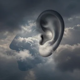 portal to the clouds inside the silhouette of an ear, by ilya kuvshinov