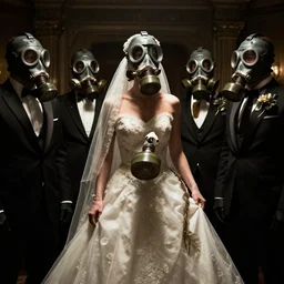 disturbing big budget hollywood movie everyone is wearing gas masks at the marriage of reason and squalor perfect composition dramatic lighting chiaroscuro