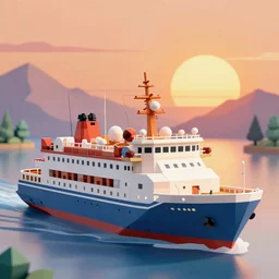 super detailed color lowpoly art, big graphic seiner ship on sunset view with mountains, unreal engine, high contrast color palette, 3 d render, lowpoly, colorful, digital art, perspective, full volume composition, syd mead