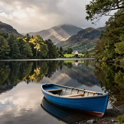 a cinematic shot of an old blue rowing boat at the side of a still lake with the reflection of the trees and scottish mountains visible reflecting in the water and a large house barely visible in the distance on the opposite side of the water through a gap in the trees