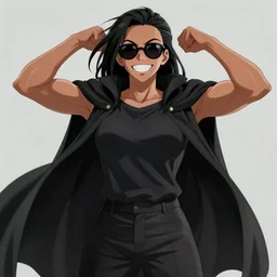 a portrait of an tall anime girl with muscular arms, strong jaw, pretty face, a big grin. brown skin. black sunglasses. black cloak and a plain black shirt and trousers. art made by Akihiko Yoshida in the style of Bravely Default II, highly detailed, trending on art station, fantasy themed,