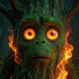 detailed rocky forrest scene, a close up of a funny tree monster fire spirit, with detailed large glowing eyes, and fire hair by maurice sendak, shaun tan made in hyperrealistic 3 d, octane render, dark green colours, sharp focus, 8 k, nighttime