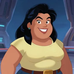 smiling heavy filipina woman character portrait, by don bluth, sci - fi environment, highly detailed, dynamic shadows, 4 k, wallpaper - 1 0 2 4