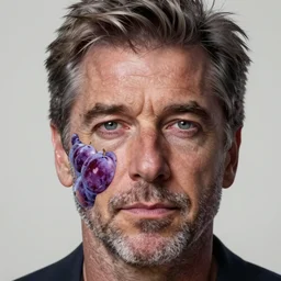 close - up jeff goldblum face fused with violet plum, mixed jeff goldplum, fusion jeff goldblum sentient fruit, plum with face of jeff goldblum, highly detailed, unreal engine, 3 d art, digital art, painting by greg rutkowski