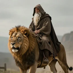hooded wise old man ( long white beard wearing a brown tunic ), riding majestically on a beautiful lions back, epic digital art, cinematic, trending on artstation, superb detail 8 k masterpiece
