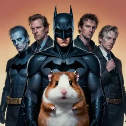 full character potrait of genetic combination between batman & hamster, zdzislaw beksinski, lewis jones, dariusz zawadzki, wayne barlow, cold hue's, warm tone gradient background, concept art, 4 k, ultra - high - definition