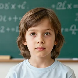 a middle shot picture of a 2 2 yo man. shoulder length brown hair, caucasian, brown eyes, big lips, 3 5 mm, award winning photo. background is a classroom board with mathematics written all over