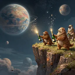 sacred beasts popping bottles of champagne roaming near the edge of a cliff on a mysterious planet, detailed, digital art, 4k