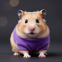 happy hamster wearing a purple turtleneck, studio, portrait, facing camera, studio, bokeh, dark background