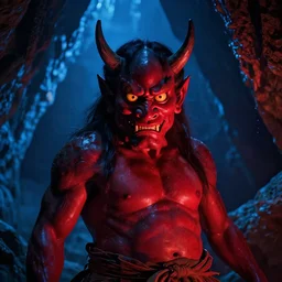 portrait of Japanese demon oni in a blue cave , red light, by Greg Rutkowski , 8k, photorealistic, cinematic lighting, HD, high details, dramatic, atmospheric , trending on artstation