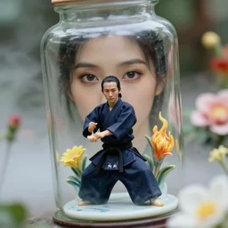 cinestill 5 0 d, 8 k, j. j abrams flare ; beautiful ultrarealistic aikido ( 1 9 9 1 ) film still foggy zen glass garden flower scene in frontiers in porcelain photography fashion june medium full shot closeup portrait edition ; hyperrealistic realistic eyes real - life porcelain aikido figurine in victorian glass jar, tilt shift background