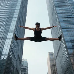 photograph of an elasticated human stretched between two skyscrapers