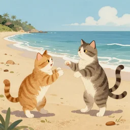 anthropomorphized cats having fun in the beach, art nouveau