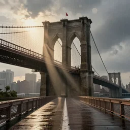 beautiful digital illustration Brooklyn Bridge in the rain bokeh and sunrays by Marc Simonetti