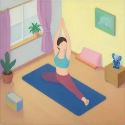 isometric of a woman doing yoga in this bedroom by shusei nagaoka kaws, david rudnick, airbrush on canvas, pastell colors, cell shaded