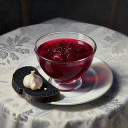painting of a borscht with a crust of black bread with garlic on a self - assembled tablecloth, grim - lighting, high - contrast, intricate, elegant, highly detailed, centered, digital painting, artstation, concept art, smooth, sharp focus, illustration, artgerm, tomasz alen kopera, peter mohrbacher, donato giancola, joseph christian leyendecker, wlop, boris vallejo