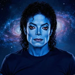 epic portrait cinematic shot an michael jackson with blue skin wearing a dark t shirt and having dark hair, shiny skin, two alien eyes, galaxy backround, fine details. night setting. realistic shaded lighting poster by craig mullism, artgerm, jeremy lipkin and michael garmash, unreal engine, radiant light, detailed and intricate environment, digital art, trending on art station,