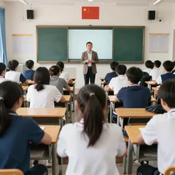 first - person view of the back of some students at their desks facing the front of the class the teacher is standing all people with comically enlarged heads