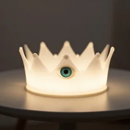 a glowing crown sitting on a table with one beautiful eye mounted on it like a jewel, night, psychedelic, bold black lines, flat colors, minimal 1 9 6 0 ss poster illustration