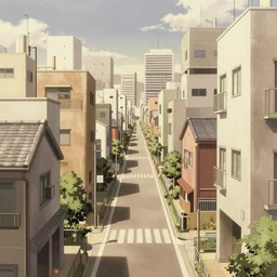 japanese town, neighborhood, surreal neighborhood, street view, modern neighborhood, japanese city, underground city, modern city, tokyo - esque town, 2 0 0 1 anime, cel - shading, compact buildings, sepia sunshine