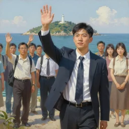 ( ( a beautiful 8 k photorealistic masterpiece oil painting ) ( of ( young professor who is leaving the mainland to go to a new island, waving to the mainlanders ) ( people in in the background waving goodbye with a serious look ) ) ( hyperrealism ) ( 1 6 k ) ( trending on artstation )
