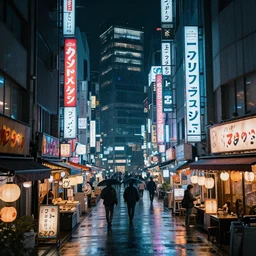 a cyberpunk night city full of neon - lit japanese restaurants in tall buildings and small markets on a rainy night, f / 1. 9 6. 8 1 mm iso 4 0