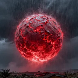 A large sphere of red energy, mist, rain, by greg rutkowski