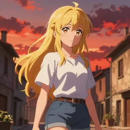 blonde - haired princess, anime princess, wearing casual clothing, golden hour, partly cloudy sky, red clouds, orange sky, old town, strong lighting, strong shadows, vivid hues, ultra - realistic, sharp details, subsurface scattering, intricate details, hd anime, 2 0 1 9 anime