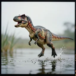 kodak portra 4 0 0, 5 0 mm leica summicron f 1. 2, action photography, long shot, dirty lenses, award winning macro photo of a small dinosaur in the middle of a jump on a lake, fast shutter speed, motion blur, tiny gaussian blur, highly detailed, highly intricate, depth of field, national geographic, 4 k