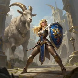a blonde paladin woman holding her shield up fighting a giant goat on the streets of a fantasy town, league of legends splash art, deiv calviz, splash art, natural light, elegant, intricate, fantasy, atmospheric lighting, by greg rutkowski, league of legends splash art, hd wallpaper, ultra high details