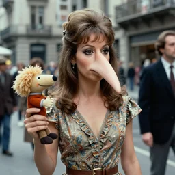 1983  woman on tv show with a long prosthetic snout nose, big nostrils, wearing a dress the city 1983 color archival footage color film 16mm Fellini Almodovar John Waters Russ Meyer with hand puppet