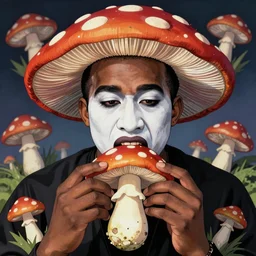a portrait of saint kanye west, kabuki makeup, eating a giant psychedelic mushroom, ukio-e style, symmetrical